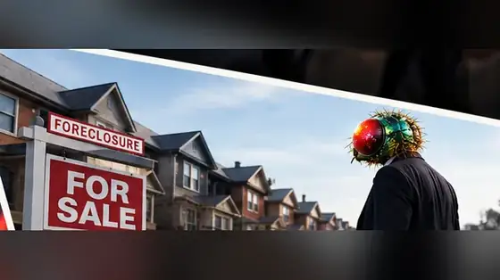 the fly standing on a suburban street in front of a foreclosure sign