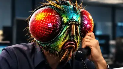 the fly on the phone at an open-plan desk, a sign behind him reading bad flies make good money